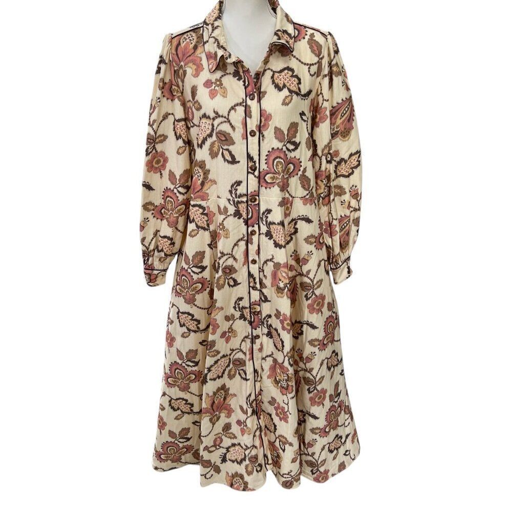 Sezane NWT Zoea Printed Floral Cotton Long Sleeve Button-Down Dress Sz 46 US 14